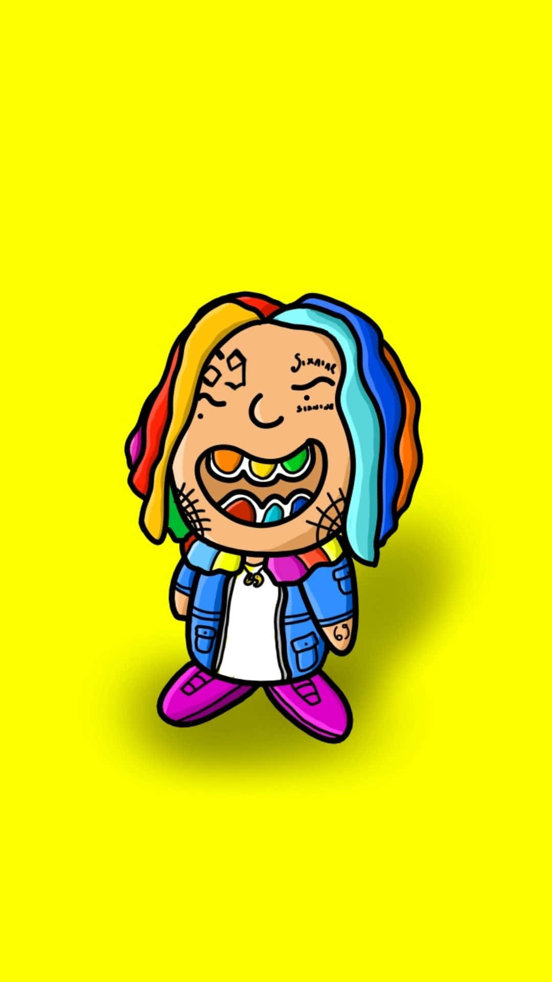 69 Rapper 桌布 壁紙 — 一個擁有彩虹頭髮和色彩繽紛衣服的卡通角色站在明亮的黃色背景前。
