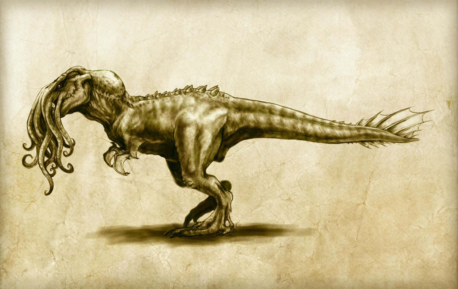 Cool Dinosaur 桌布 壁紙 — 一個擁有恐龍身體和章魚頭的怪物，在質感羊皮紙上以深褐色調呈現，姿態蓄勢待發。