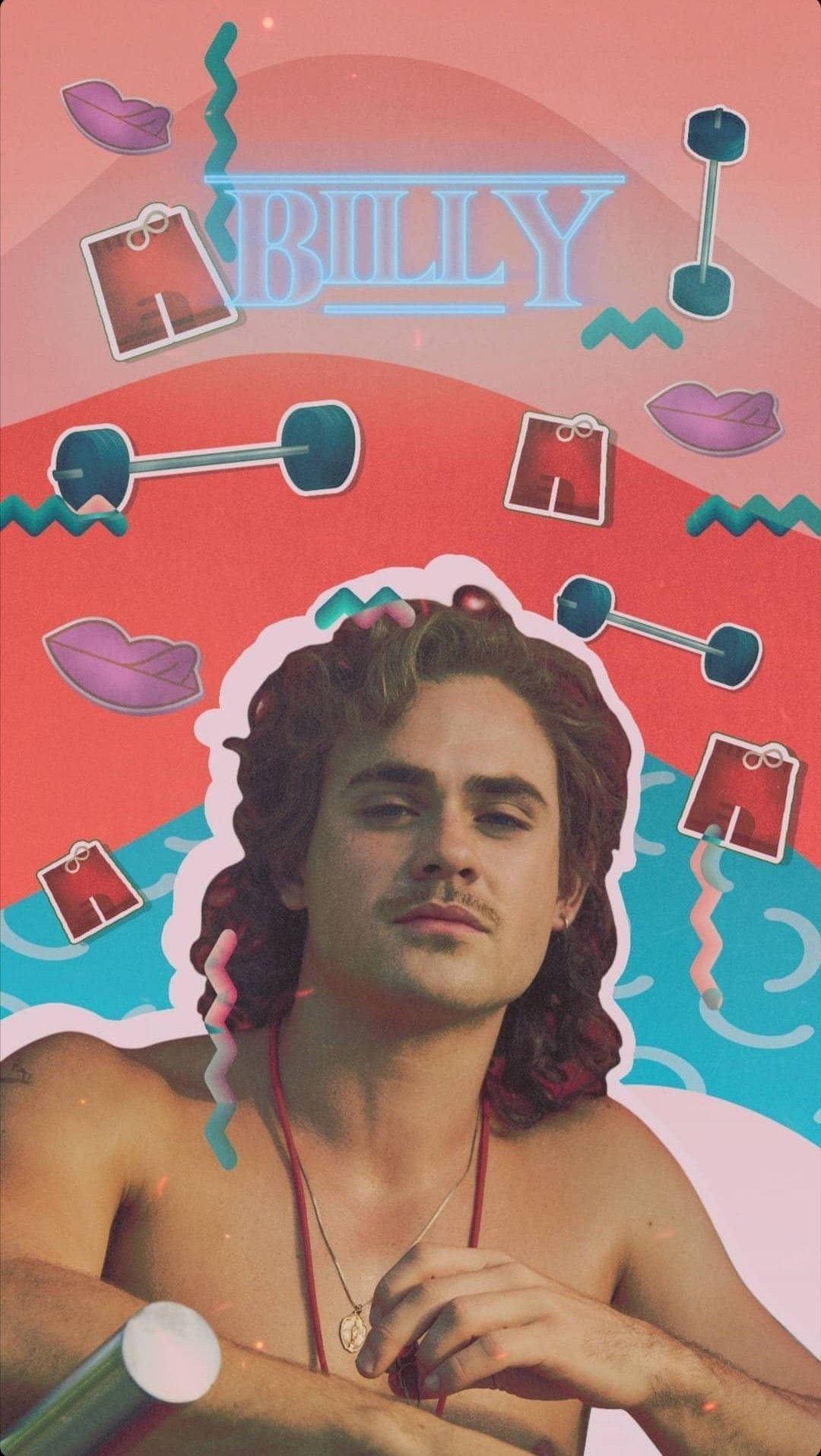 billy hargrove 桌布 壁紙 — 一個擁有捲髮和鬍子的男人，在粉紅和青綠漸變背景上，於嘴唇、啞鈴和泳褲的鮮豔拼貼中平靜地凝視。