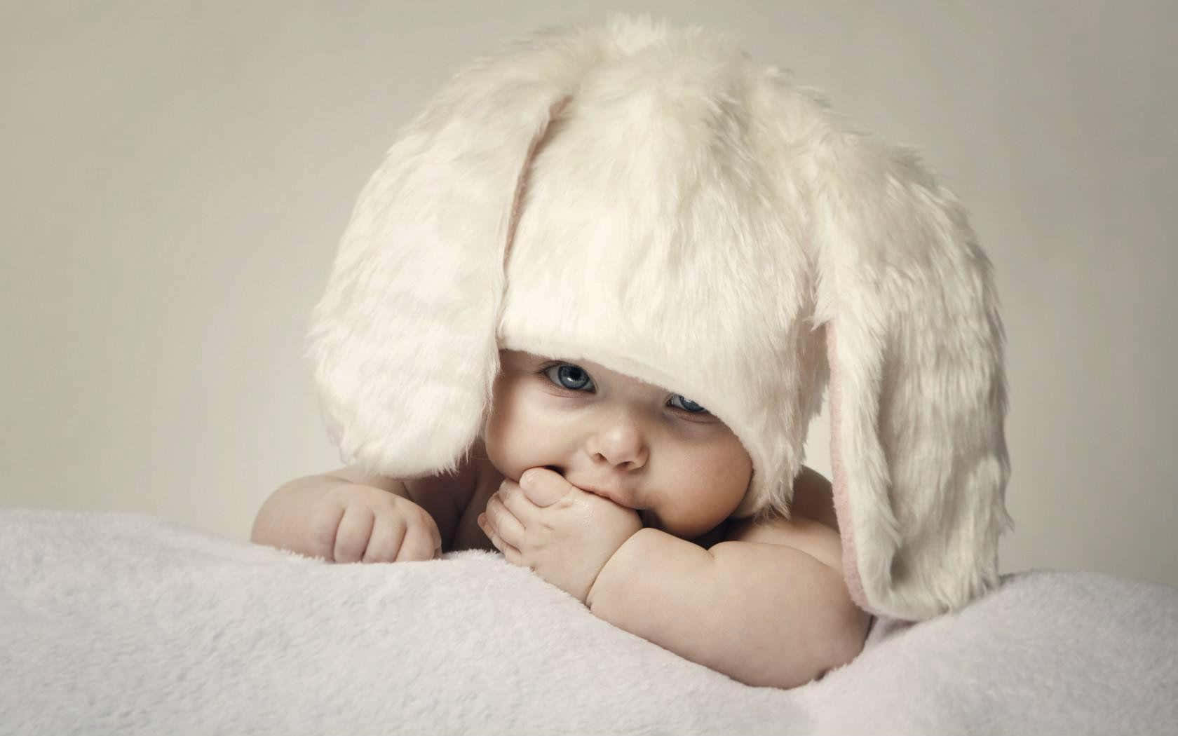cute baby 桌布 壁紙 — 一個擁有明亮藍色眼睛的嬰兒戴著毛茸茸的白色兔子帽，躺在柔軟的毯子上休息。