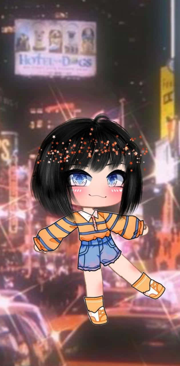 Gacha 桌布 壁紙 — 一個擁有星星頭髮的Q版動漫女孩，在夜晚霓虹燈閃爍的城市景觀上快樂地漂浮。