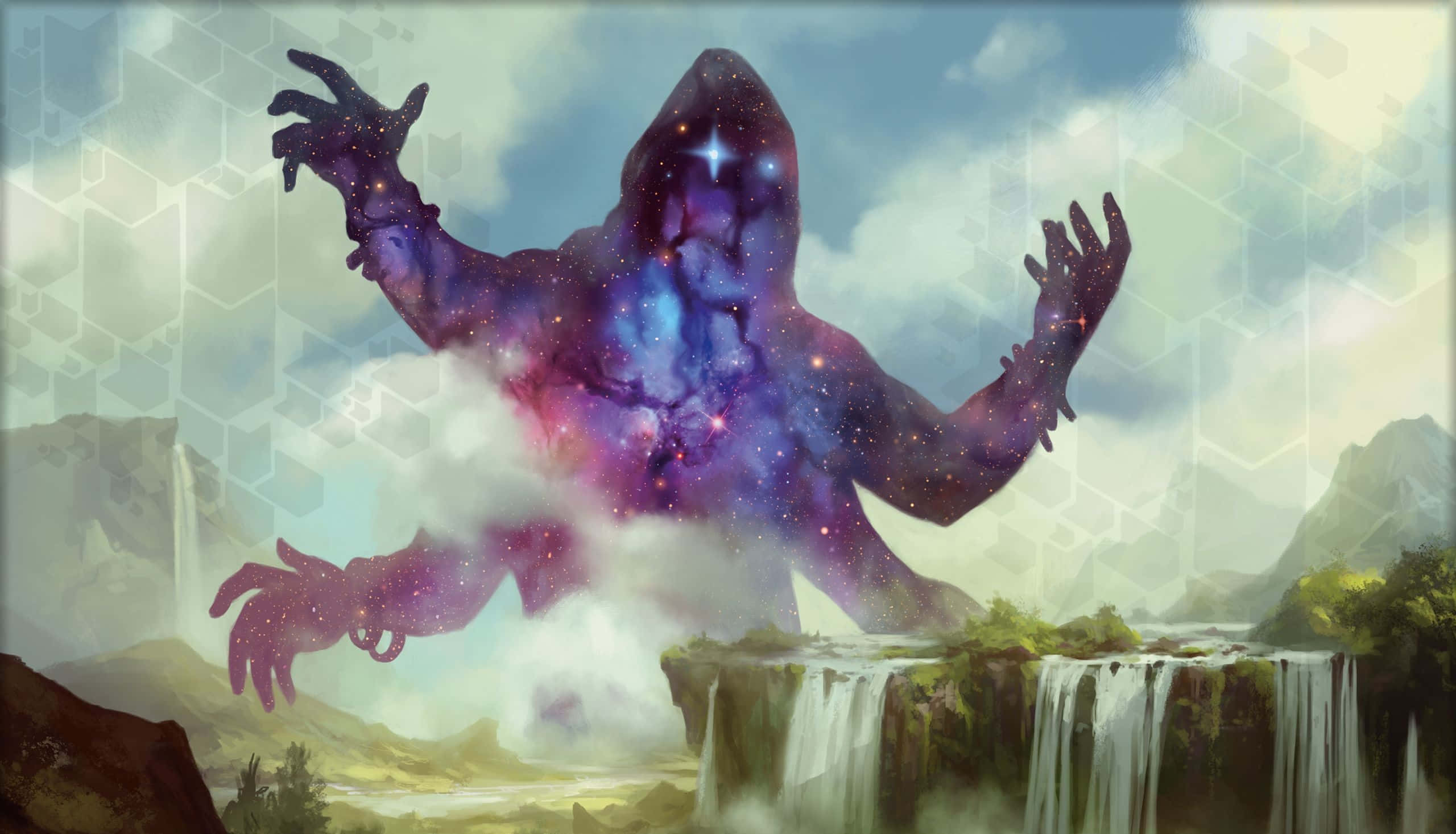 魔法風雲會 桌布 壁紙 — 一個擁有星狀皮膚的宇宙星雲巨人從迷霧中出現，位於超現實山谷瀑布之上。
