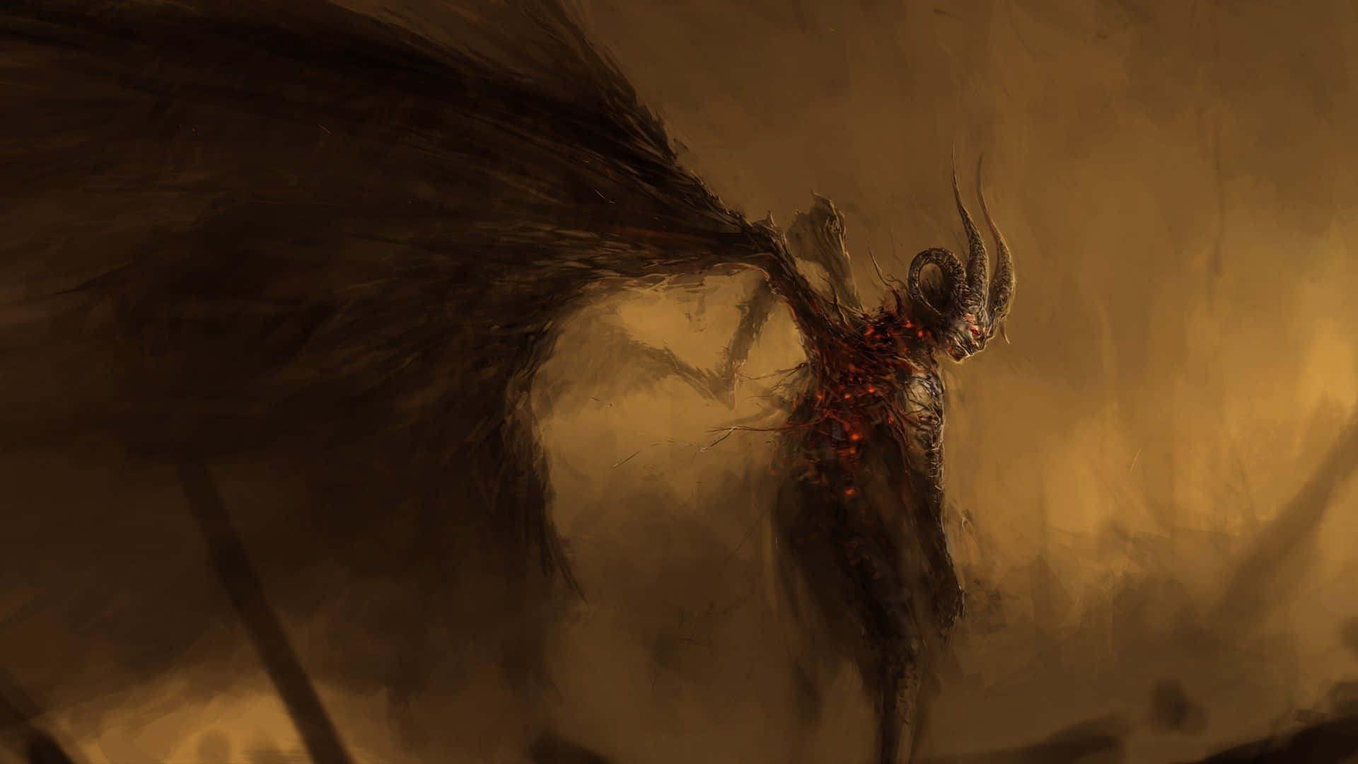 惡魔 桌布 壁紙 — 一個擁有暗色翅膀、發光紅眼和角的惡魔形象，在煙霧繚繞的金色背景下威風凜凜地站立。