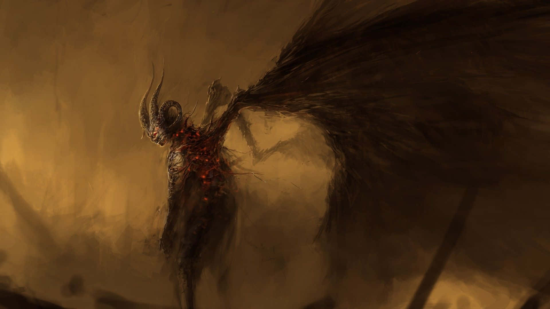Devil Horns 桌布 壁紙 — 一個擁有暗黑翅膀、發光紅色傷口和彎曲角的惡魔形象，在煙霧繚繞的金色背景下威嚇地站立。