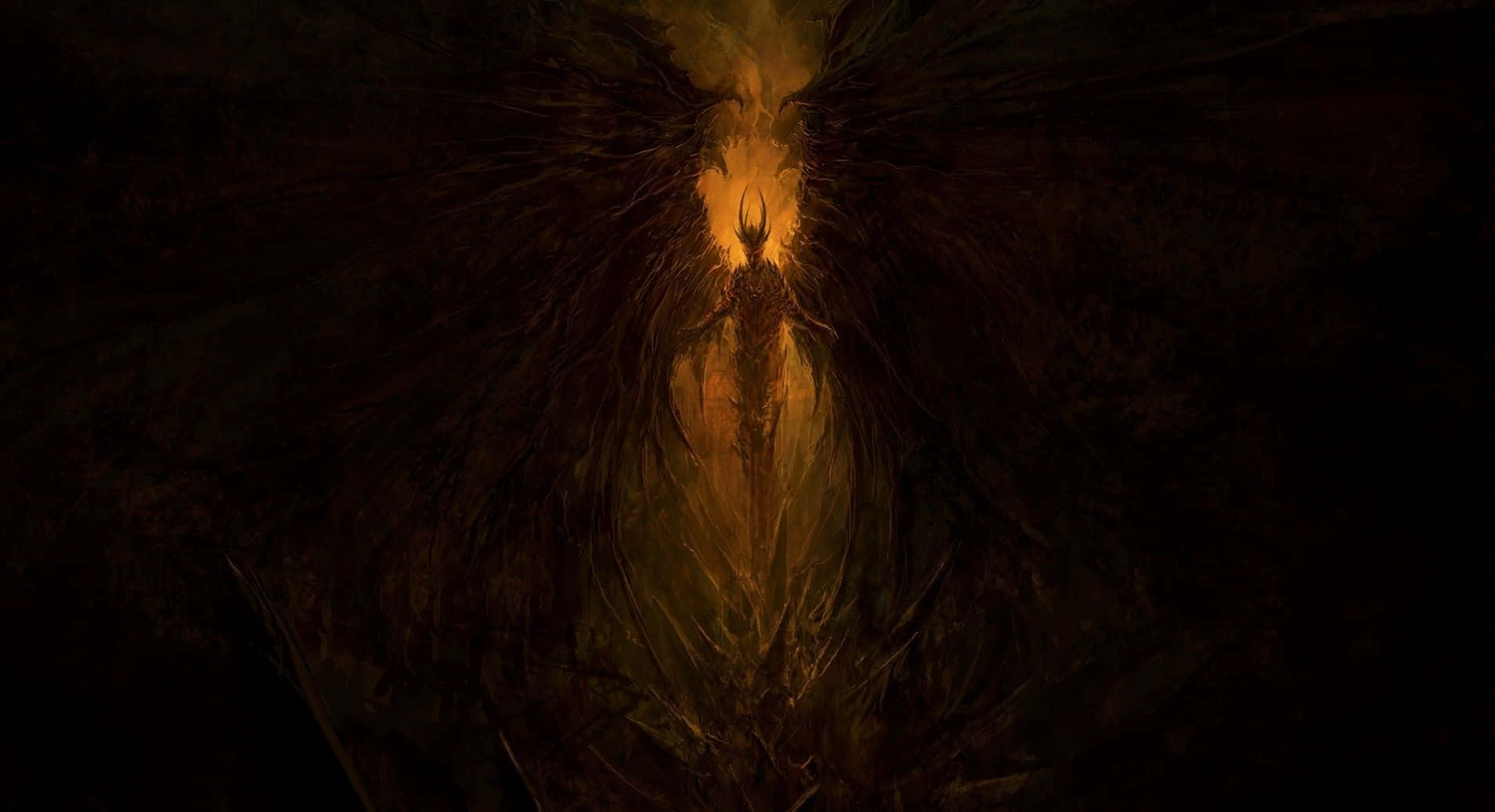 Lucifer Wings 桌布 壁紙 — 一個擁有暗黑翅膀、發光角的惡魔形象，在金色光芒照射下，立於陰影虛空之中。