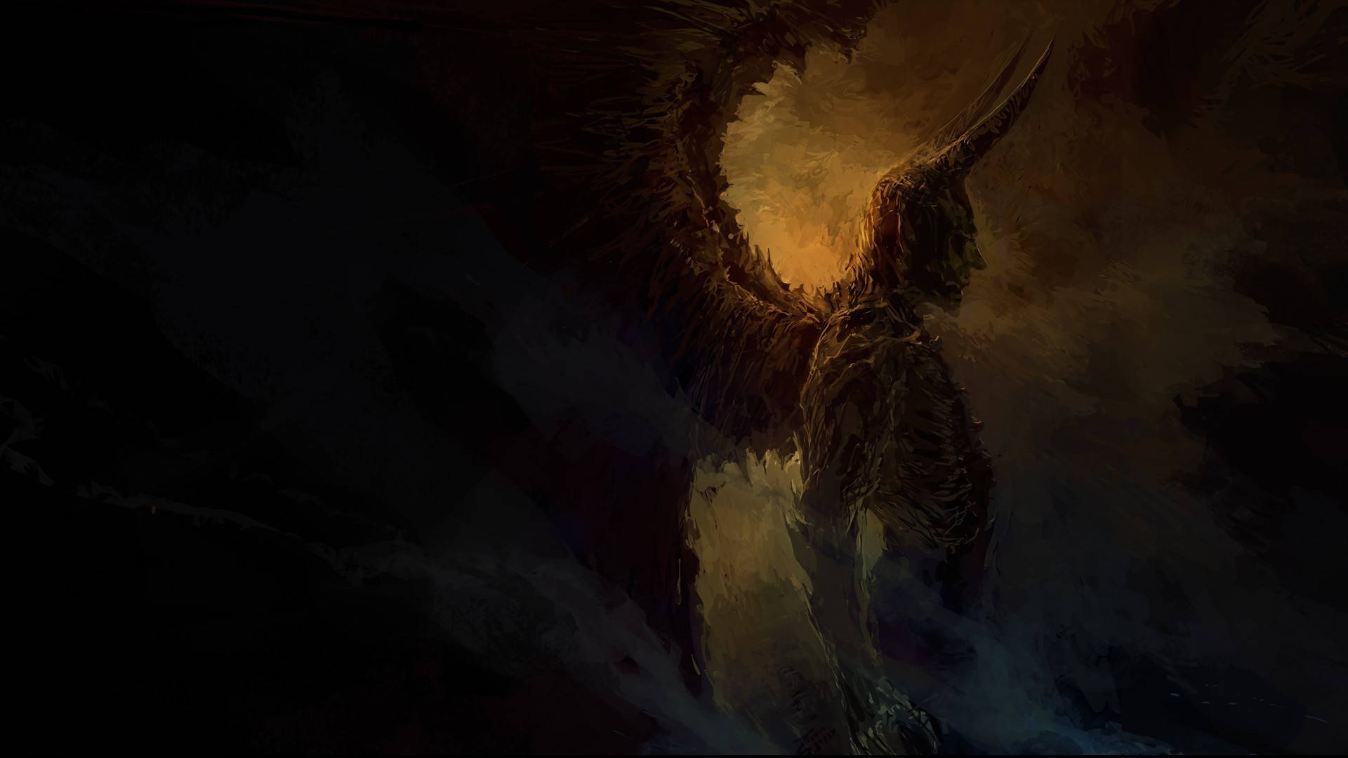 酷炫惡魔 桌布 壁紙 — 一個擁有暗黑翅膀、發光角的惡魔形象，在溫暖的金色光芒下從陰影雲層中浮現。