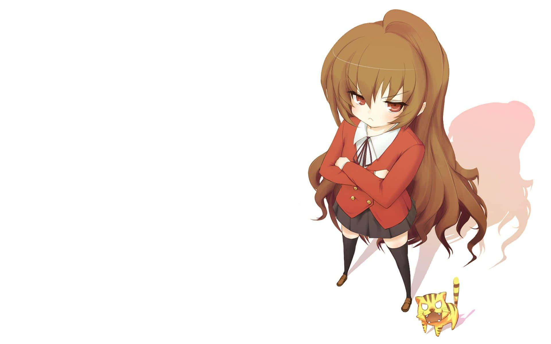 Animated 桌布 壁紙 — 一個擁有棕色長髮和紅色眼睛的Q版動漫女孩，穿著校服，雙手交叉，站在一隻小老虎旁邊。