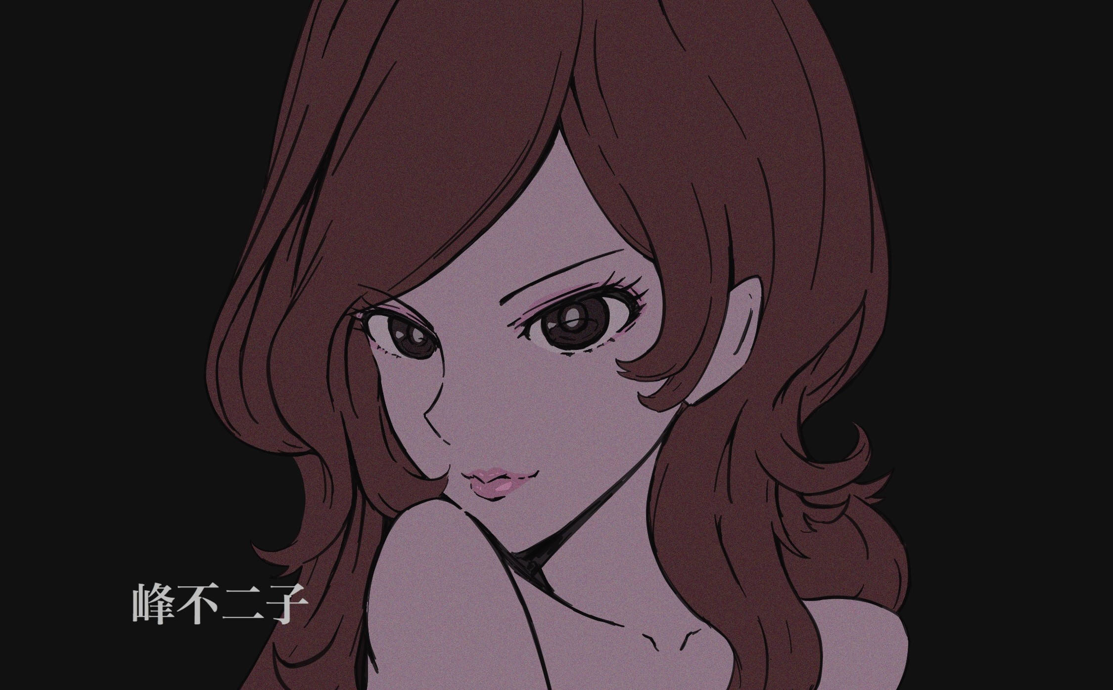Lupin 桌布 壁紙 — 一個擁有棕色頭髮和大眼睛的動漫女孩特寫，在黑暗背景下溫柔地凝視。