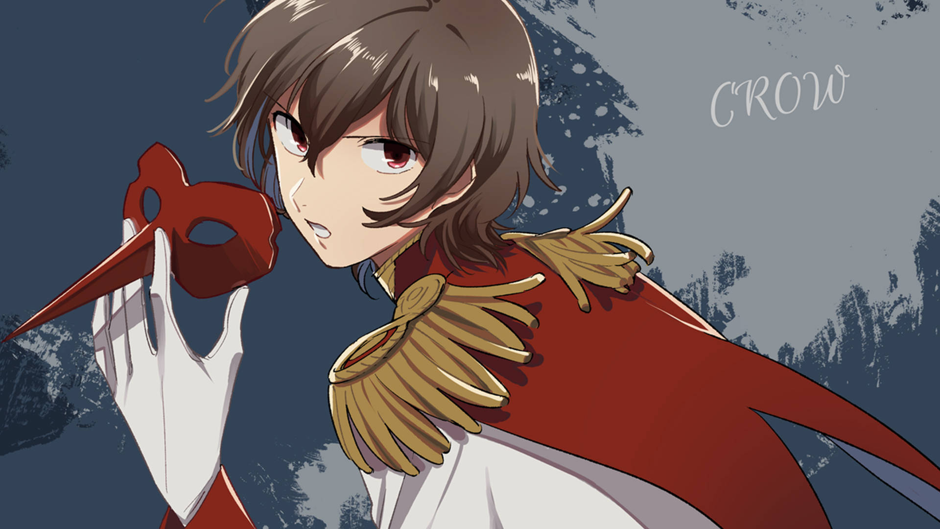 persona 5 4K 桌布 壁紙 — 一個擁有棕色頭髮和紅色眼睛的動漫角色，在紋理灰色背景前拿著一個紅色鳥面具。