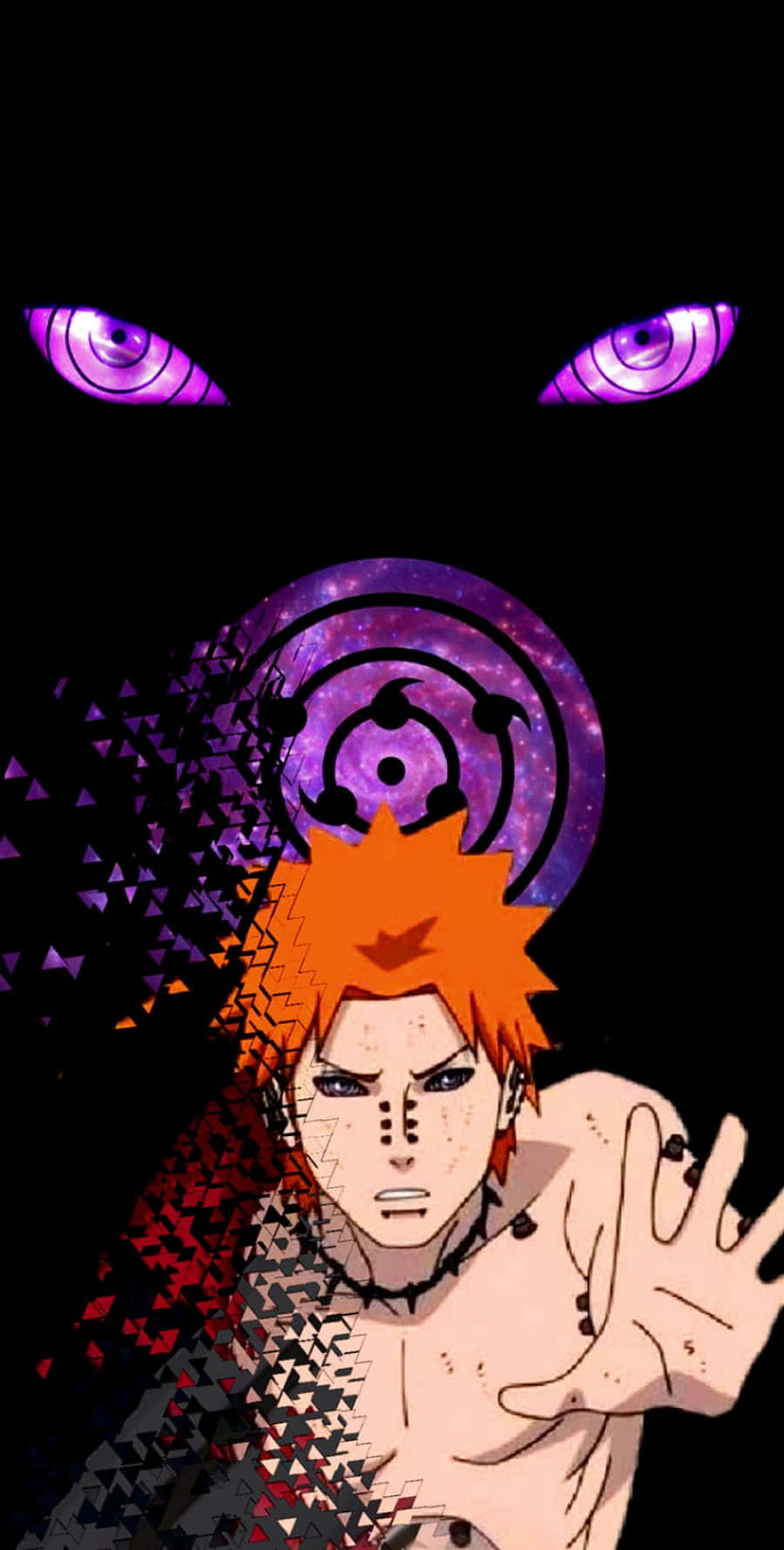 Pain Rinnegan 桌布 壁紙 — 一個擁有橙色頭髮和紫色眼睛的動漫角色，站在帶有宇宙螺旋和幾何碎片的黑色背景前。
