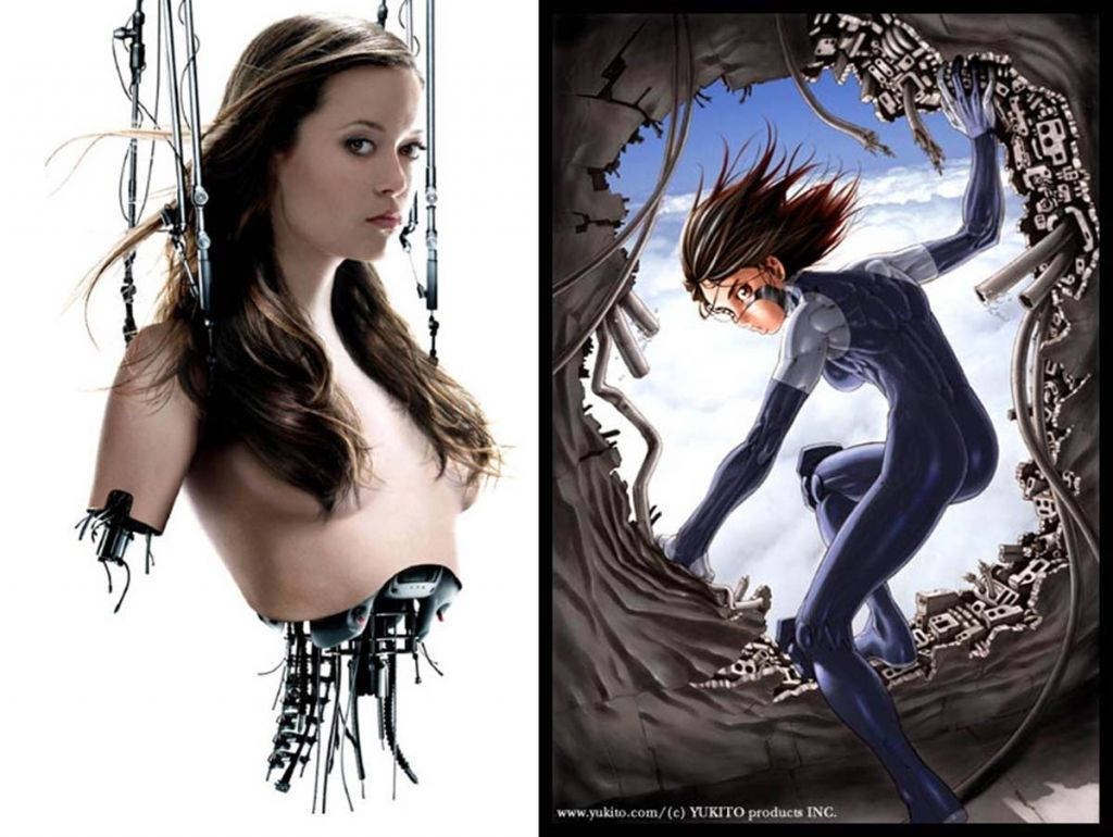 Alita Battle Angel 桌布 壁紙 — 一個擁有機械四肢和電線的女人從破牆中出現，動態動漫風格插圖。