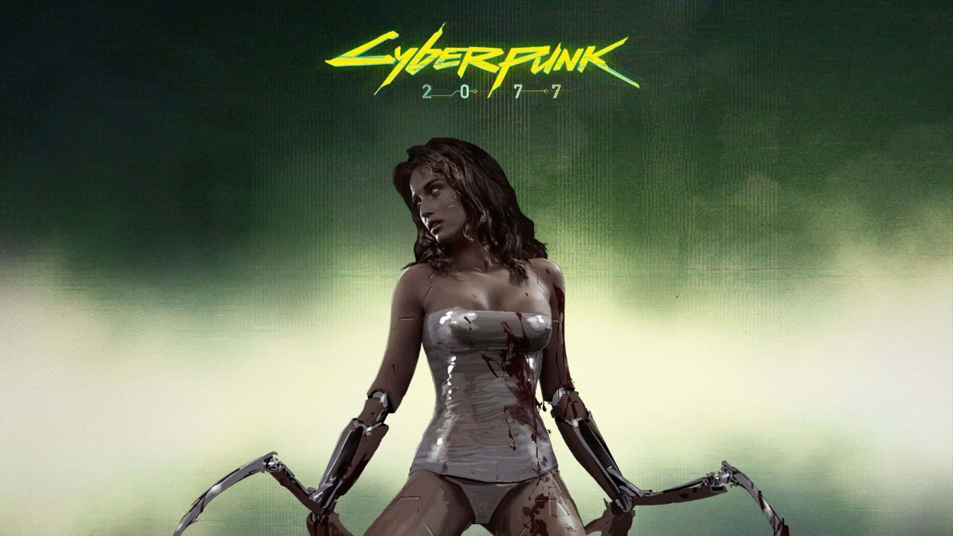 1080p Cyberpunk 2077 桌布 壁紙 — 一個擁有機械手臂和血跡的賽博龐克女性，站在模糊的綠色和黃色背景前，上方有遊戲標題。