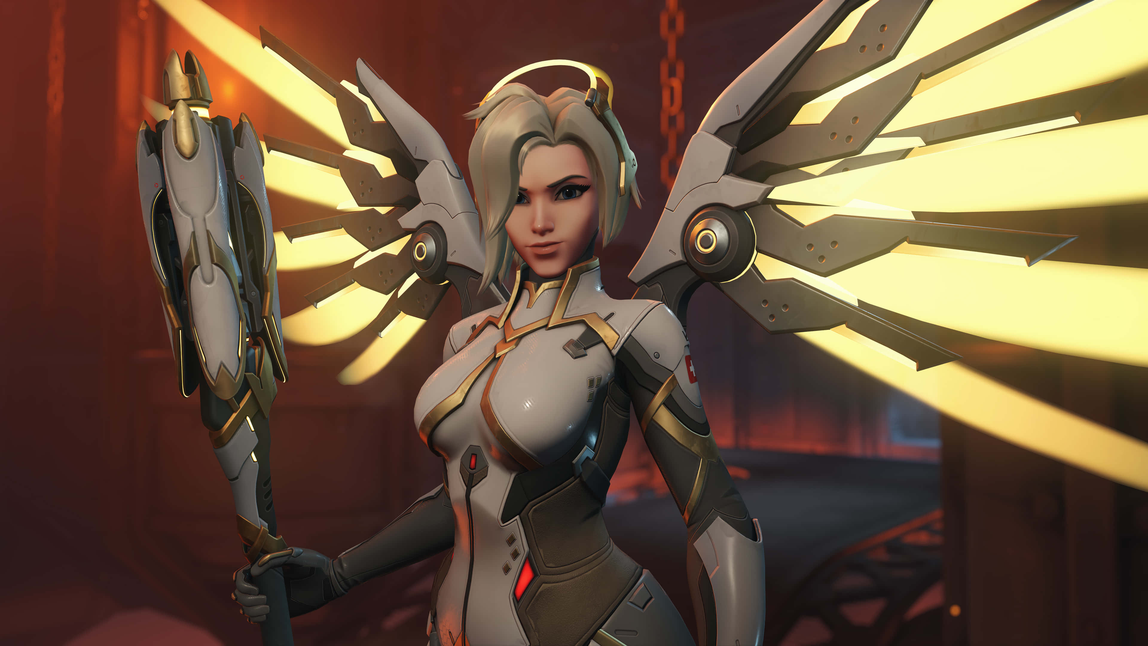 Overwatch Heroes 桌布 壁紙 — 一個擁有機械翅膀和金色光芒的未來天使戰士，佇立在昏暗的工業環境中。