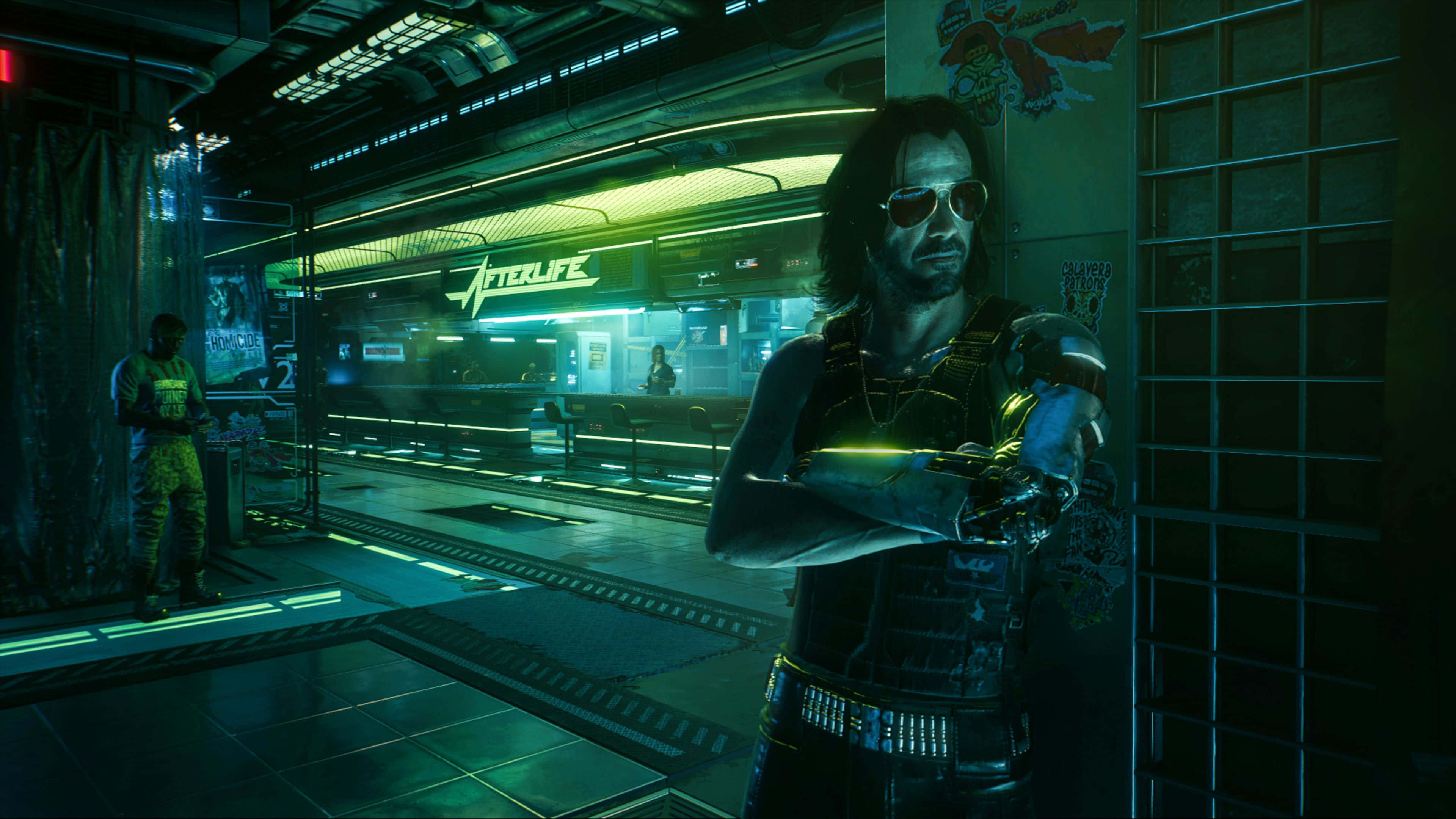 Sci Fi Games 桌布 壁紙 — 一個擁有機械臂的賽博龐克主角站在霓虹燈照亮、未來感十足的小巷中，附近有一個發光的「AFTERLIFE」標誌。
