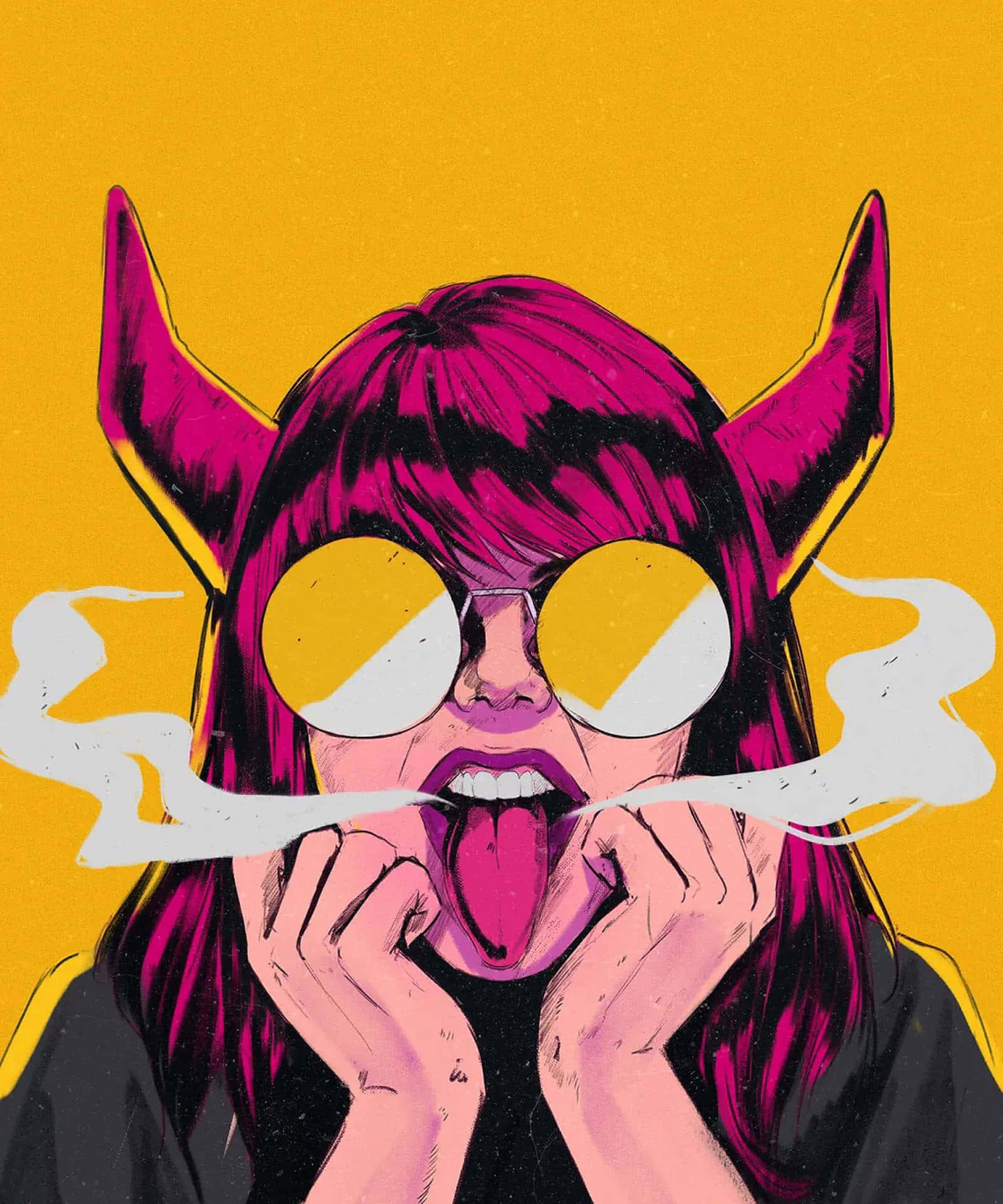 Girl Aesthetic Desktop 桌布 壁紙 — 一個擁有洋紅色頭髮和角的龐克搖滾惡魔女孩，在鮮黃色背景前吸煙並伸出舌頭。