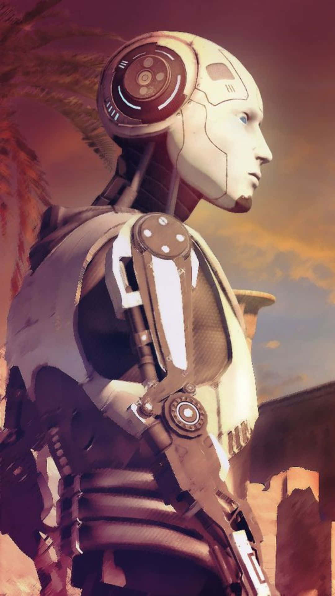 Android The Talos Principle 桌布 壁紙 — 一個擁有流線型白色金屬機身的人形機器人，在溫暖的夕陽天空襯托下，以側面姿態站立，背景有棕櫚葉。
