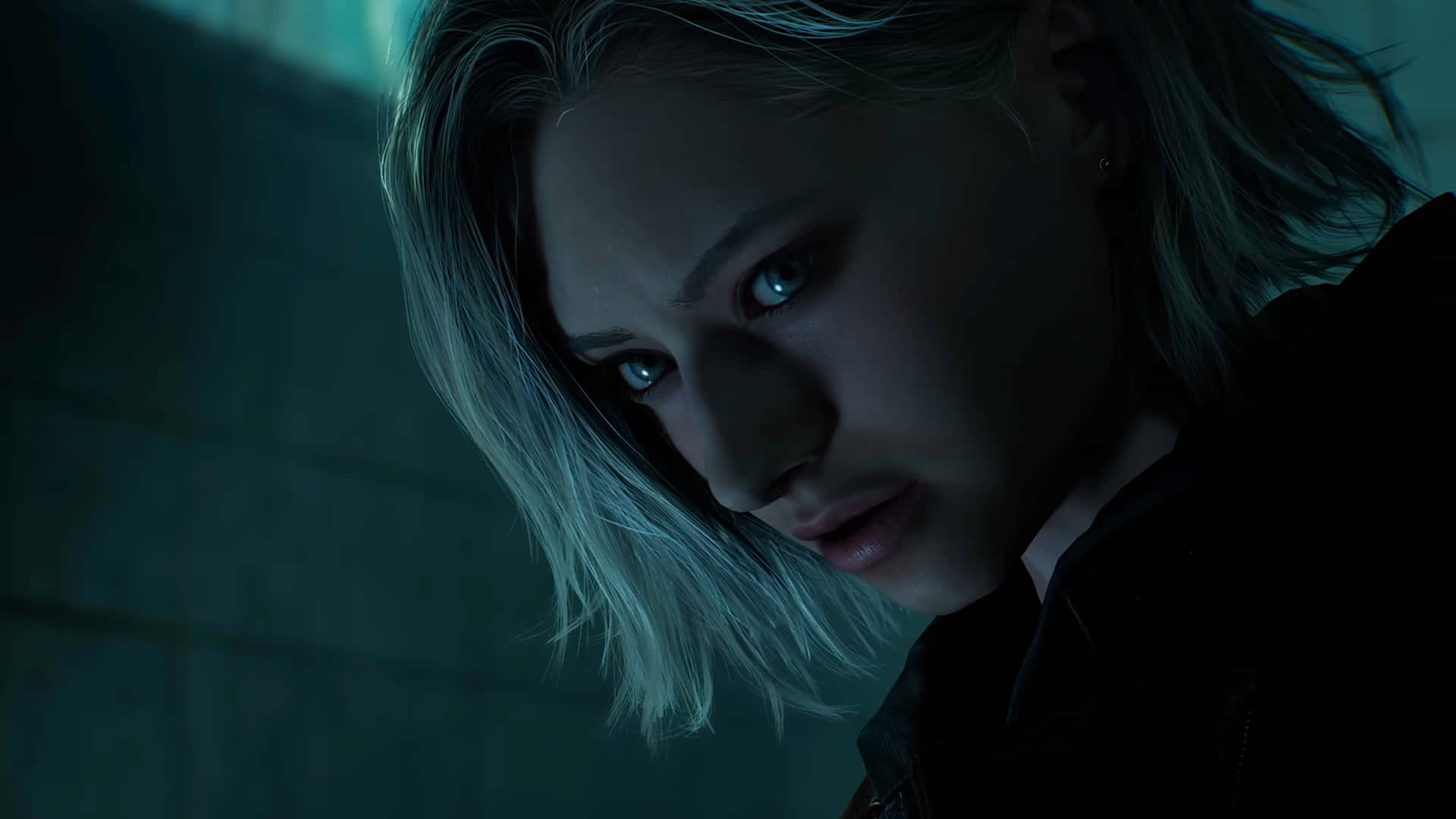 Resident Evil Requiem Grace Ashcroft Closeup 壁紙 — 一個擁有淡金色頭髮和銳利藍色眼睛的人，在昏暗的藍綠色環境中強烈地凝視。