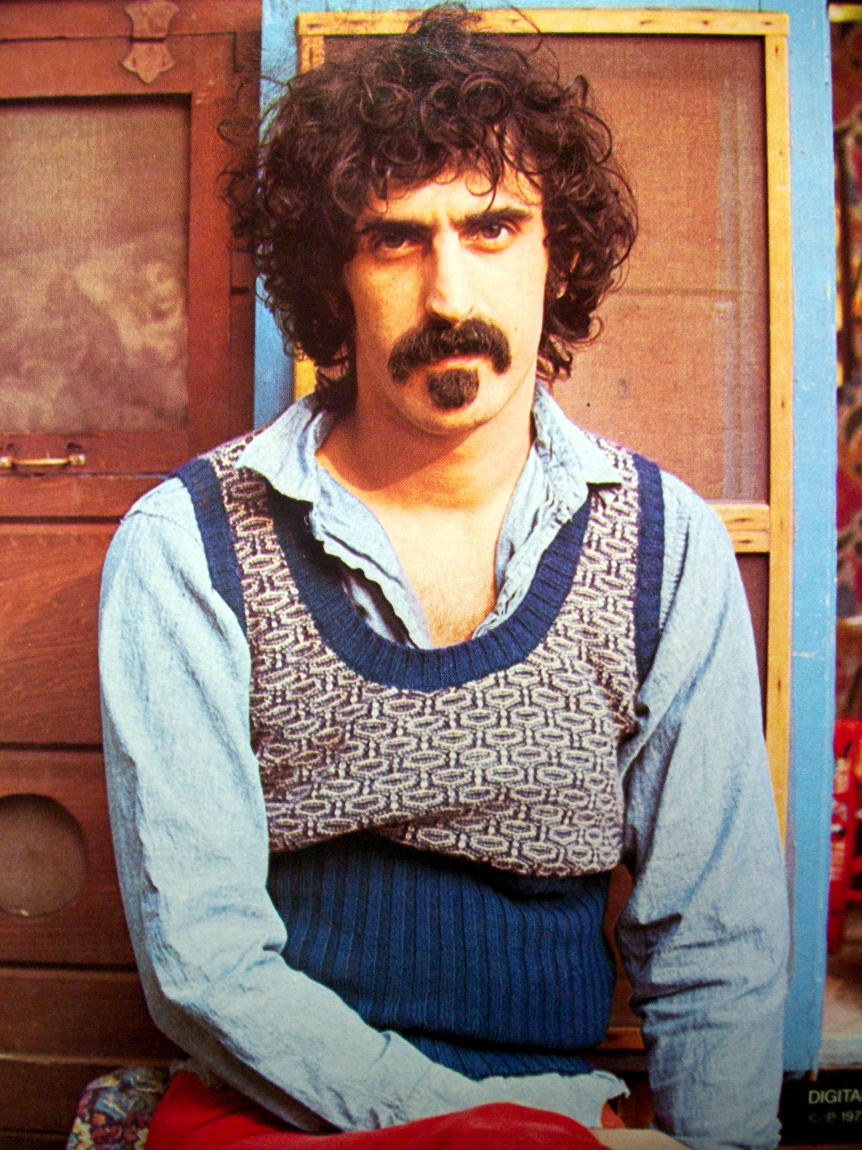 Zappa 桌布 壁紙 — 一個擁有深色捲髮和顯眼鬍子的男人，在木門背景下，穿著一件圖案背心在藍色襯衫外面。