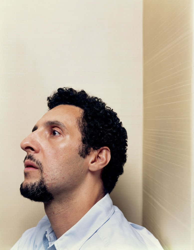 John Turturro 桌布 壁紙 — 一個擁有深色捲髮和鬍鬚的男人，在柔和自然光線下，對著純米色牆壁向上凝視。