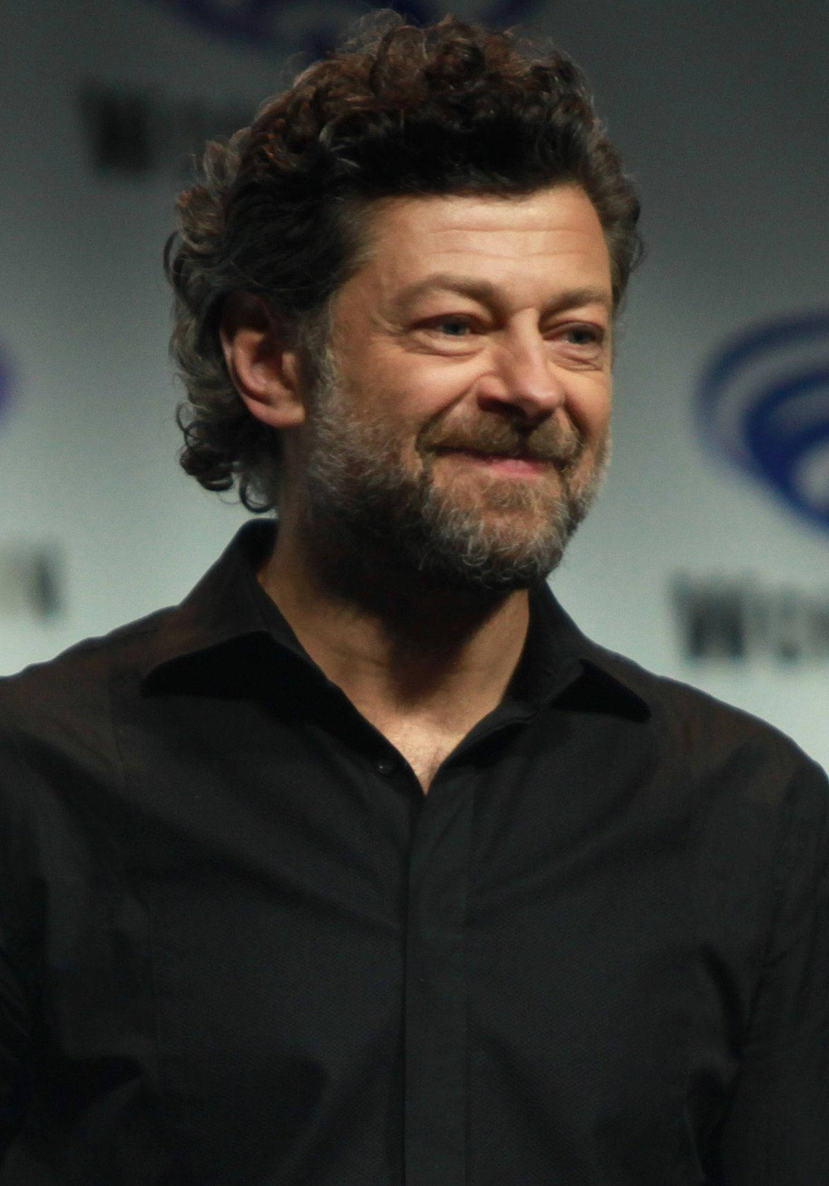 actor 桌布 壁紙 — 一個擁有深色捲髮和鬍鬚的男人，穿著黑色襯衫，在模糊的活動背景下溫暖地微笑。