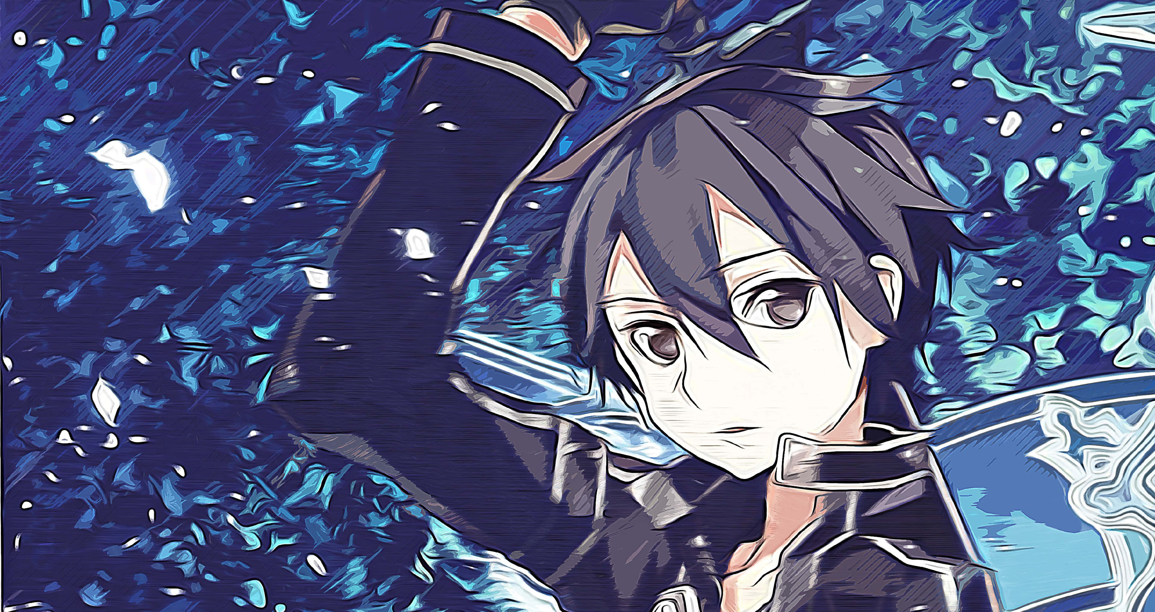 Kazuto Kirigaya 桌布 壁紙 — 一個擁有深色頭髮和堅定眼神的動漫角色，在旋轉的藍色能量和破碎碎片中揮舞著一把發光的劍。