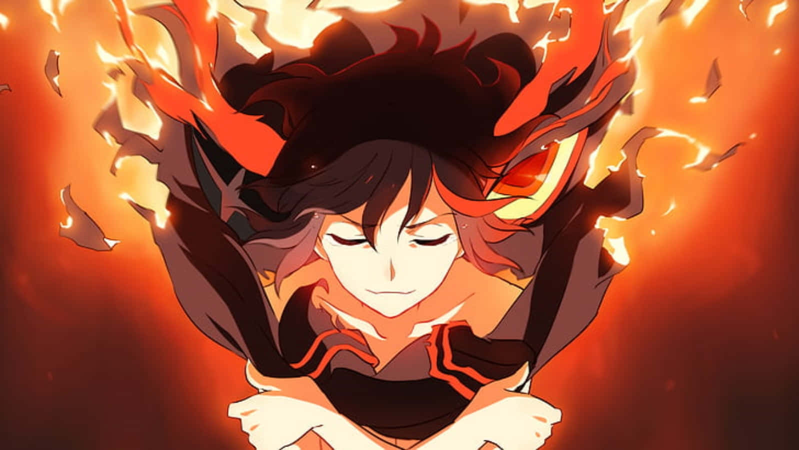 Kill La Kill Senketsu 桌布 壁紙 — 一個擁有深色頭髮和發光紅色眼睛的動漫角色，被熾熱的橙色火焰和破碎的碎片包圍。