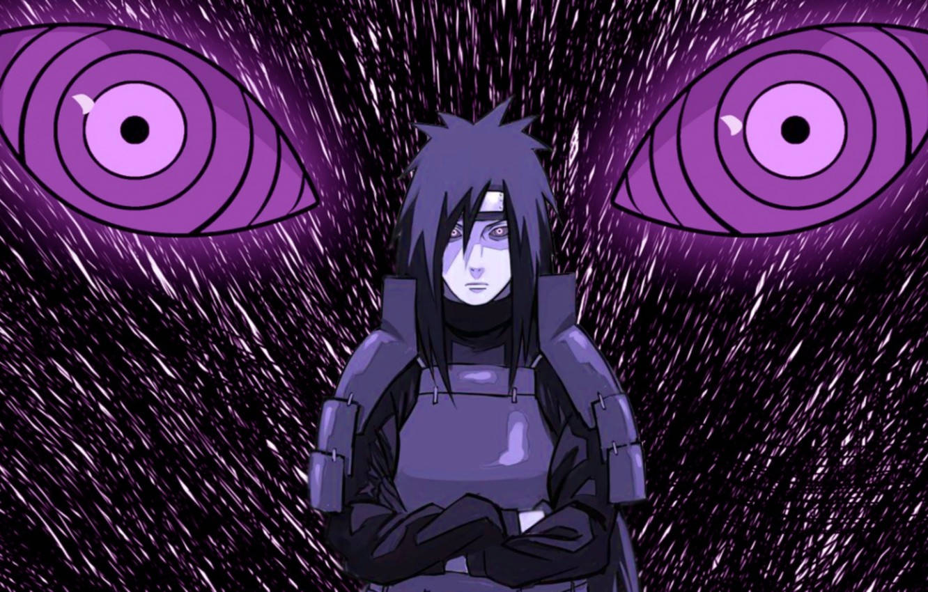 擁有紫色眼睛和帶有巨大眼睛的暴風雨背景的動漫忍者。 — 斑 GIF 壁紙