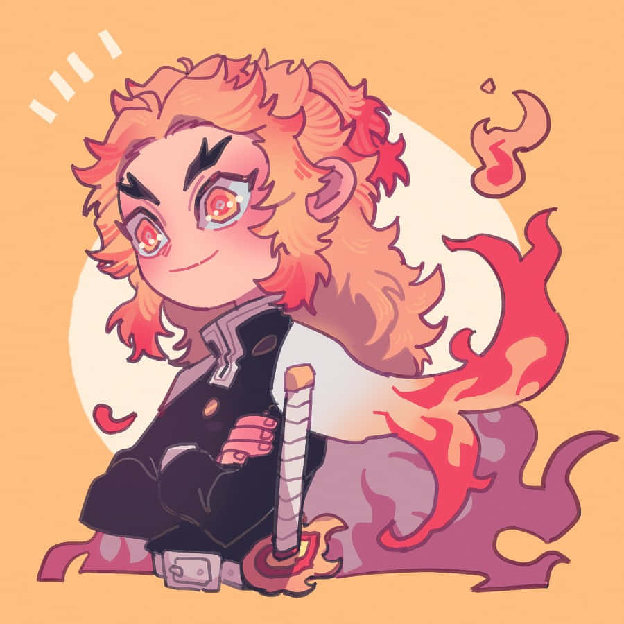 Rengoku Chibi 桌布 壁紙 — 一個擁有火橙色頭髮和發光紅眼睛的Q版動漫角色，自信地坐在溫暖的橙色背景前，手持一把被火焰包圍的劍。