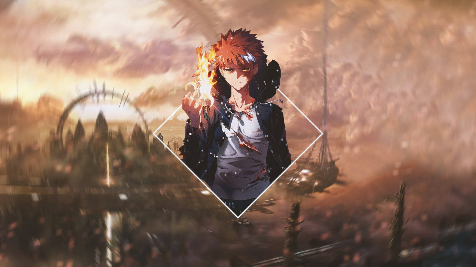 Fire Anime 桌布 壁紙 — 一個擁有火橙色頭髮的動漫角色，在模糊的夕陽戰場背景下，於鑽石框架中手持發光的火焰。