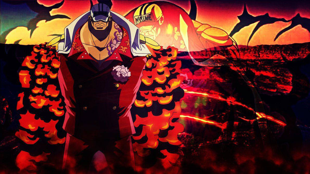 akainu 桌布 壁紙 — 一個擁有火焰手臂的強大動漫海盜，在火山日落背景下挑釁地站立。