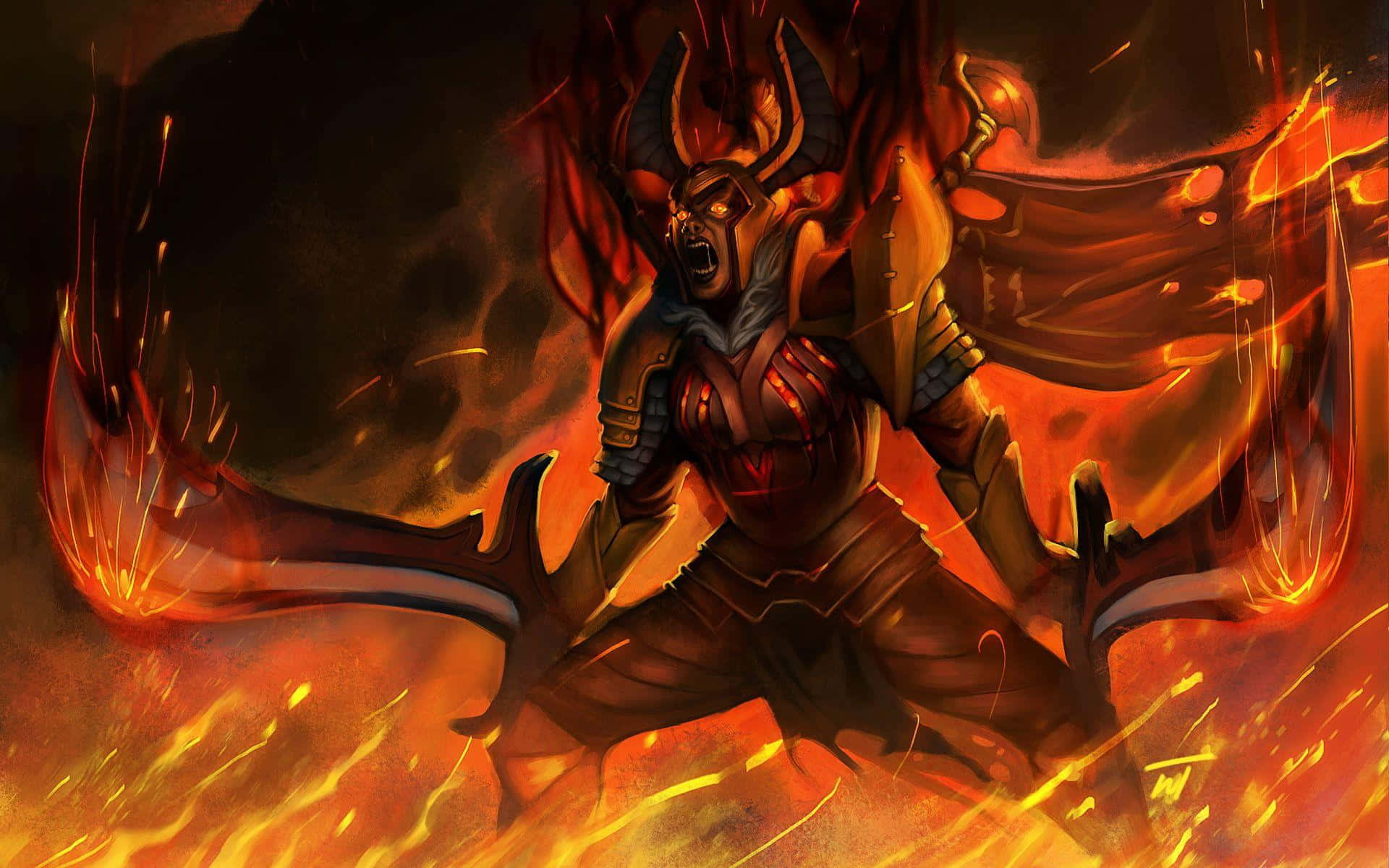Legion Commander 桌布 壁紙 — 一個擁有火焰翅膀和發光眼睛的惡魔戰士，在旋轉的火焰和餘燼中咆哮。