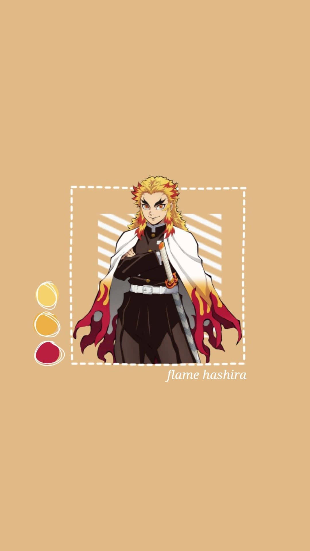 Rengoku Minimalist 桌布 壁紙 — 一個擁有火焰般頭髮和斗篷的動漫角色，自信地站在一個帶框的設計中，背景是溫暖的米色。