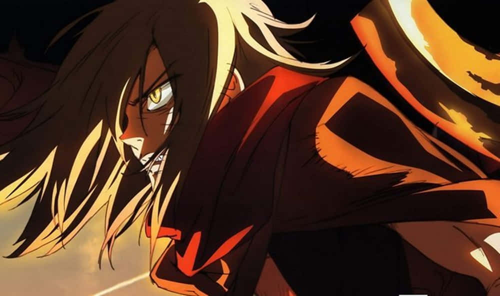 Gurren Lagann Viral 桌布 壁紙 — 一個擁有火焰般頭髮和發光眼睛的動漫角色，在帶有橙色火焰的黑暗背景下強烈凝視。