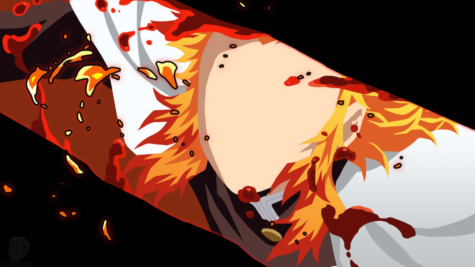 Rengoku Minimalist 桌布 壁紙 — 一個擁有火焰般頭髮的動漫角色，身上有血跡和火焰在黑暗背景中噴發。