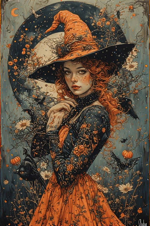 1940s Halloween Witch Vintage Tattoo Flash Style 壁紙 — 一個擁有火紅捲髮和橙色帽子的女巫站在滿月前，周圍環繞著南瓜、蝙蝠和秋花。