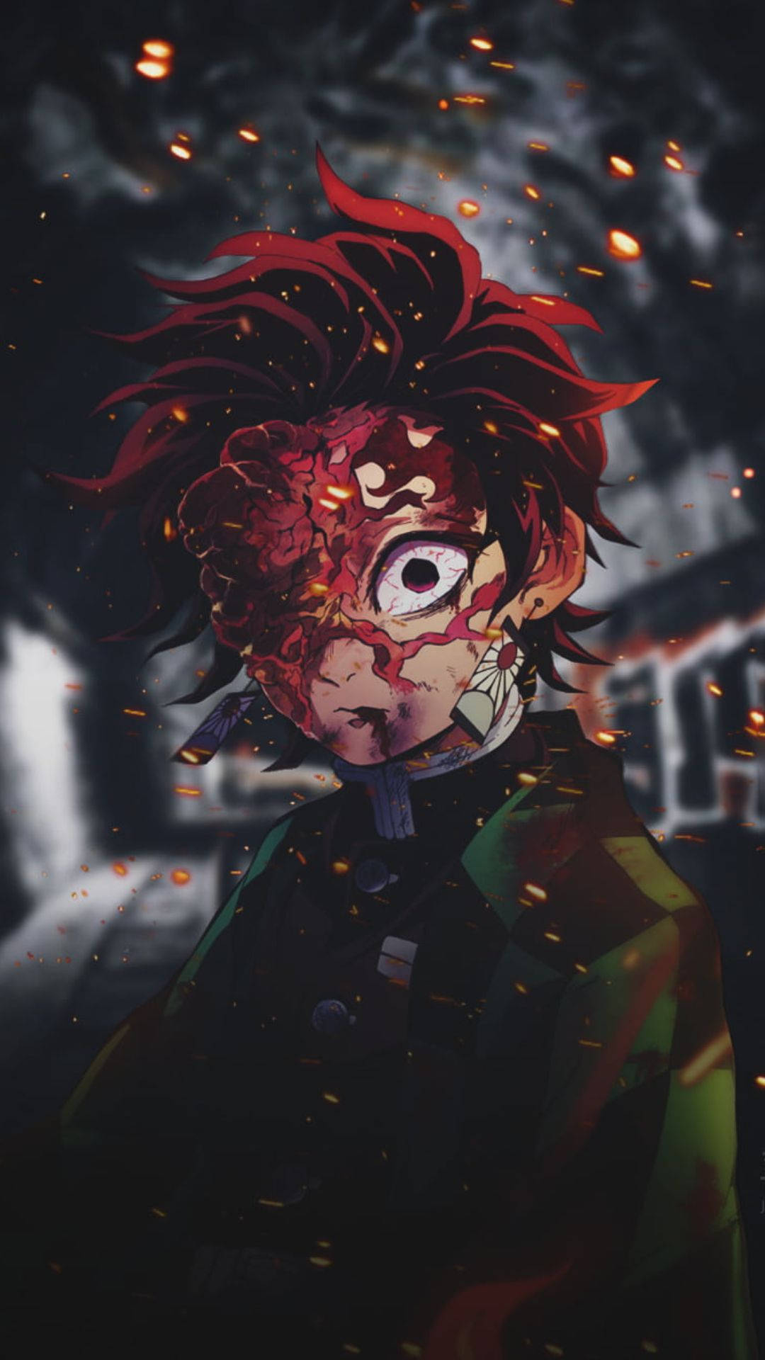 Demon Slayer Aesthetic 桌布 壁紙 — 一個擁有火紅頭髮、滿臉鮮血、眼睛發光的動漫角色，站在黑暗煙霧背景中，周圍是落下的餘燼。