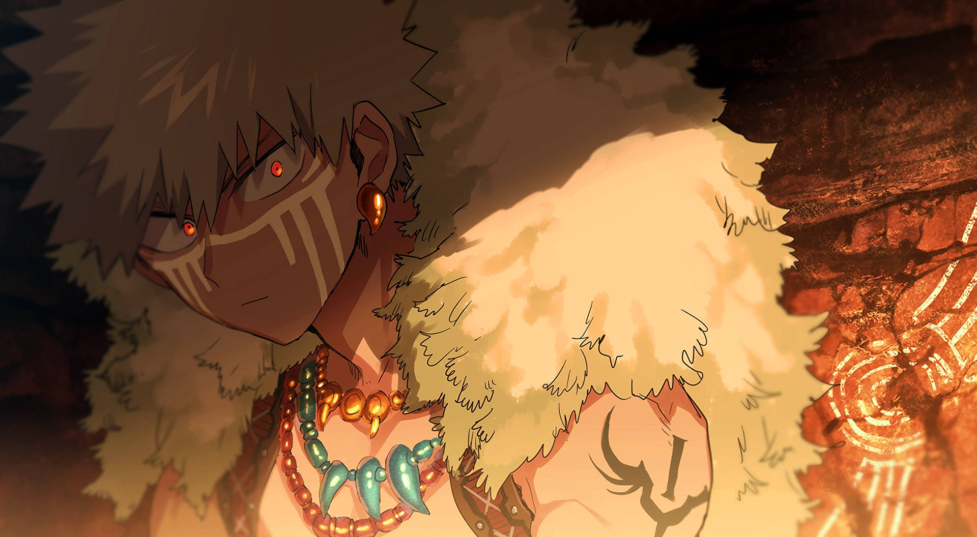 Bakugo 桌布 壁紙 — 一個擁有火紅頭髮、發光紅眼和部落紋身的動漫角色，從一個裝飾著發光符號的昏暗洞穴中專注地凝視著。