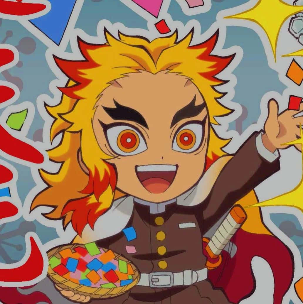 Rengoku Chibi 桌布 壁紙 — 一個擁有火紅頭髮和橙色眼睛的Q版動漫角色，在充滿活力的漫畫風格背景前，愉快地拿著一籃色彩繽紛的糖果。
