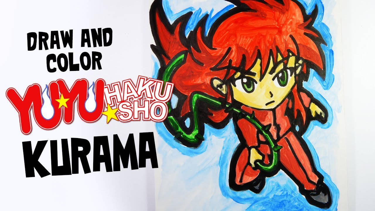 Kurama 桌布 壁紙 — 一個擁有火紅頭髮和綠色眼睛的Q版動漫角色，在藍色光環背景下揮舞著綠色藤蔓武器。
