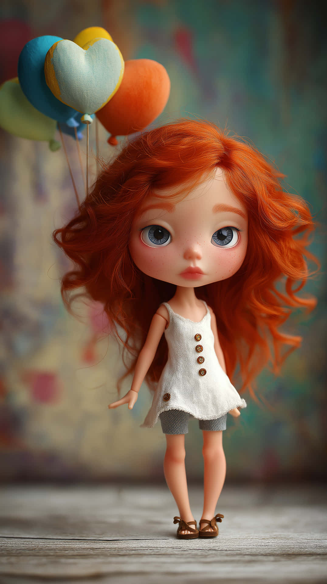 Cute Red-Haired Doll with Blue Eyes and Heart Balloons 壁紙 — 一個擁有火紅頭髮和藍色大眼睛的洋娃娃，在畫家般模糊的背景前，拿著色彩繽紛的心形和圓形氣球。