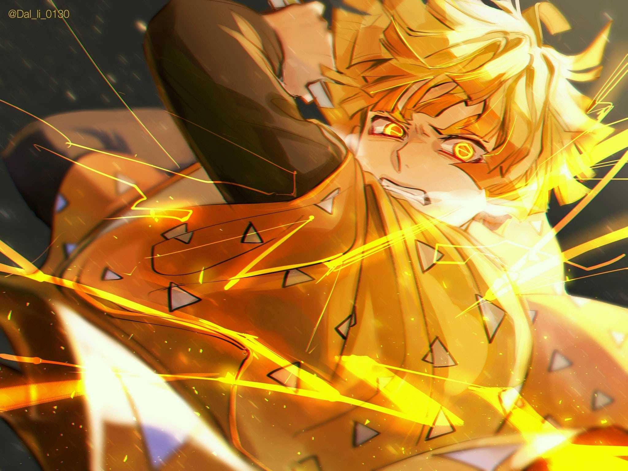 Zenitsu Pfp 桌布 壁紙 — 一個擁有火紅頭髮的動漫角色，穿著橙色服裝，在黑暗背景下用強烈的眼睛釋放出發光的黃色能量。
