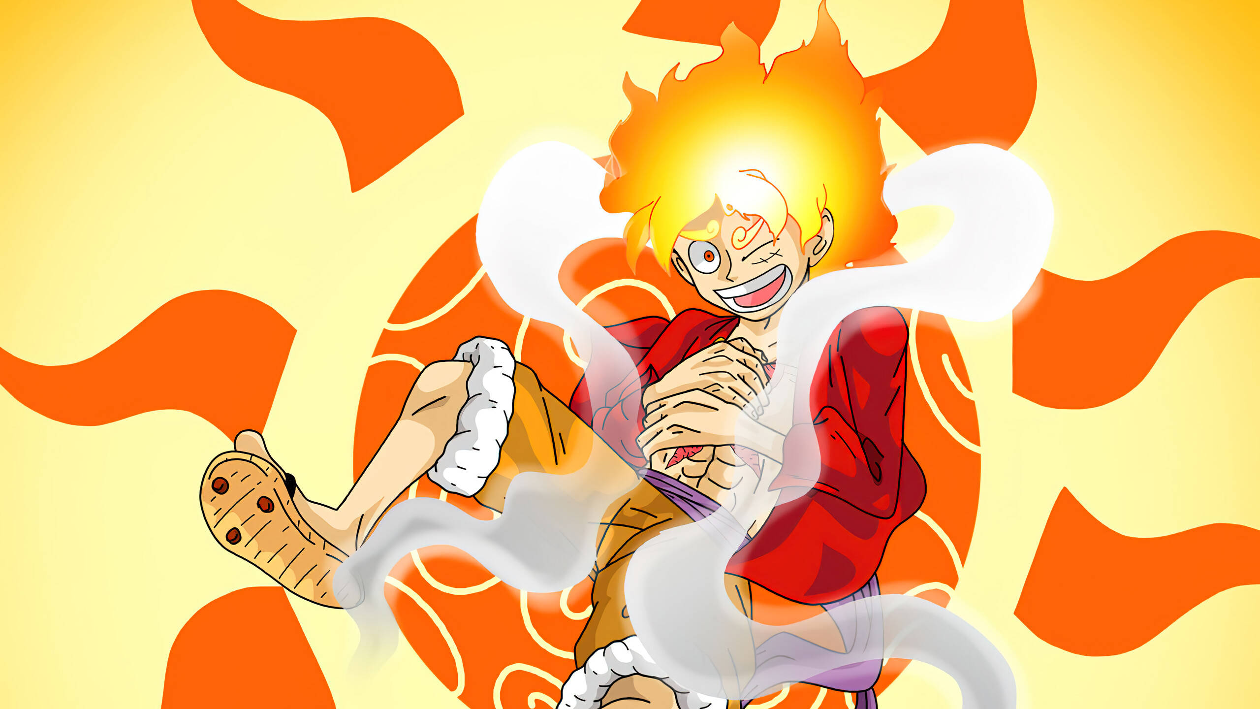 luffy 4K 桌布 壁紙 — 一個擁有火紅頭髮的動漫角色，身穿紅色外套，在太陽爆發背景和旋轉煙霧效果中動態跳躍。
