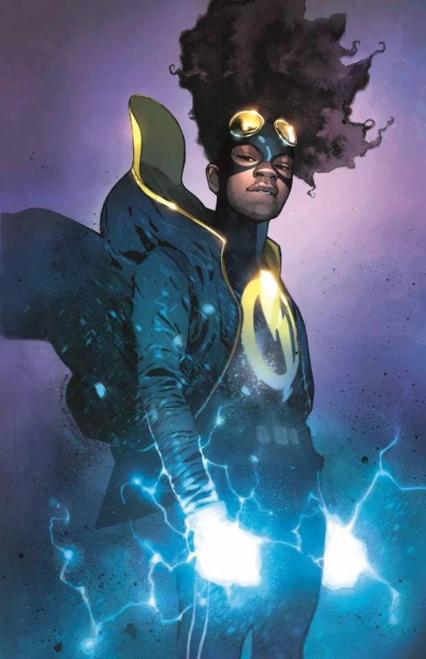 Comics 桌布 壁紙 — 一個擁有爆炸頭和發光護目鏡的超級英雄，在紫色宇宙背景下從發光的拳頭引導電能。