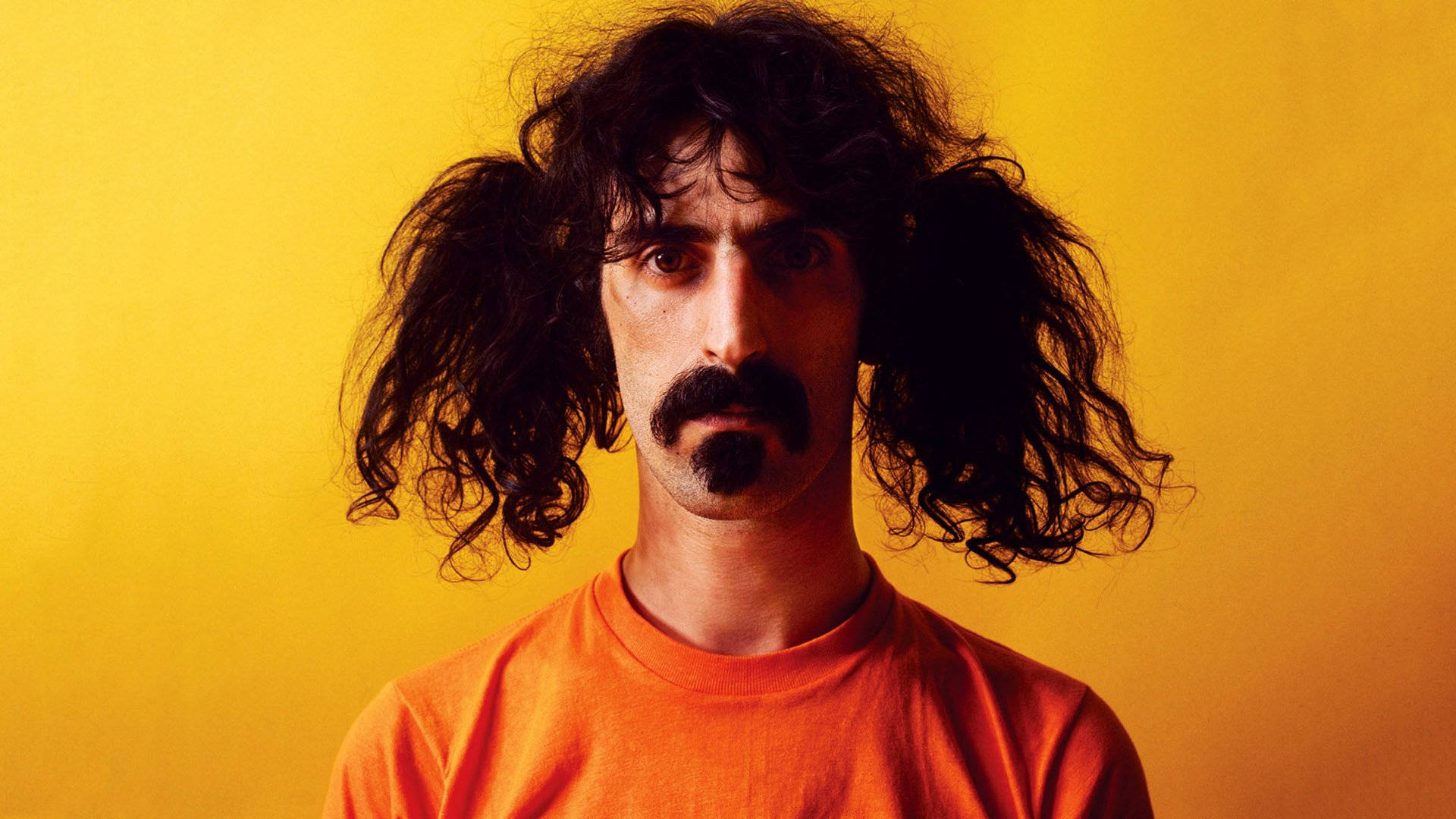 Zappa 桌布 壁紙 — 一個擁有狂野捲髮和鬍鬚的男人，在鮮黃色背景下穿著橙色T恤，凝視著強烈的目光。