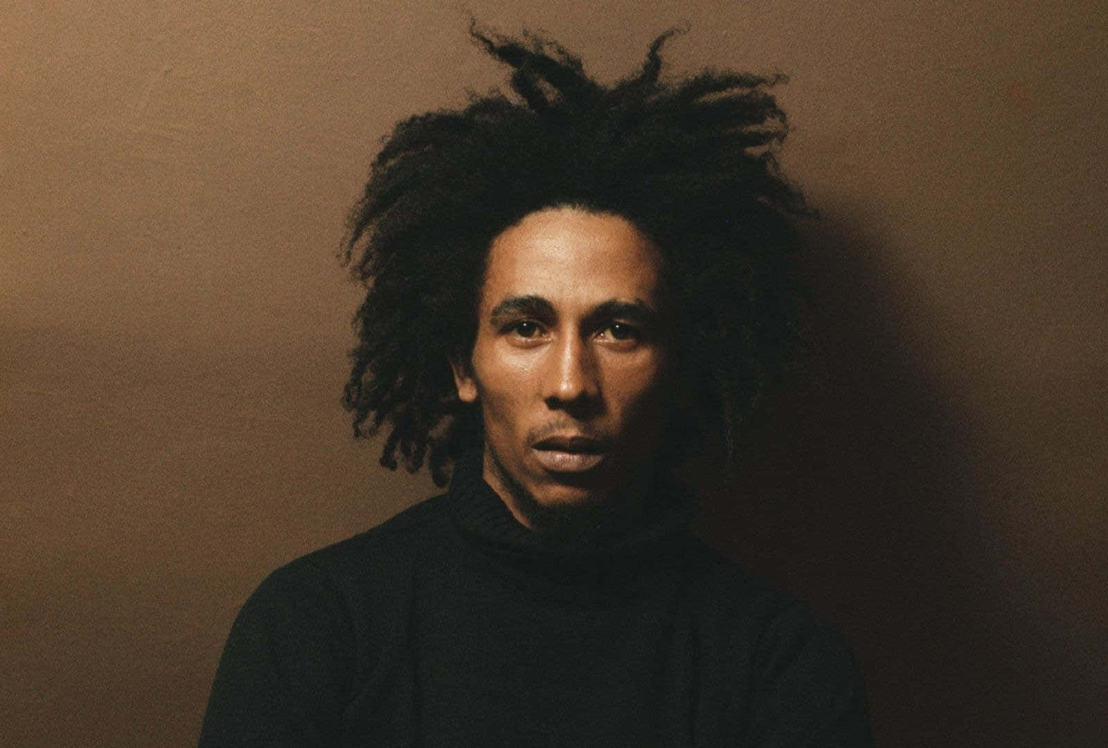 Bob Marley 桌布 壁紙 — 一個擁有狂野黑色辮子辮的男人，在溫暖的棕色背景下，以情緒化的肖像畫凝視著。