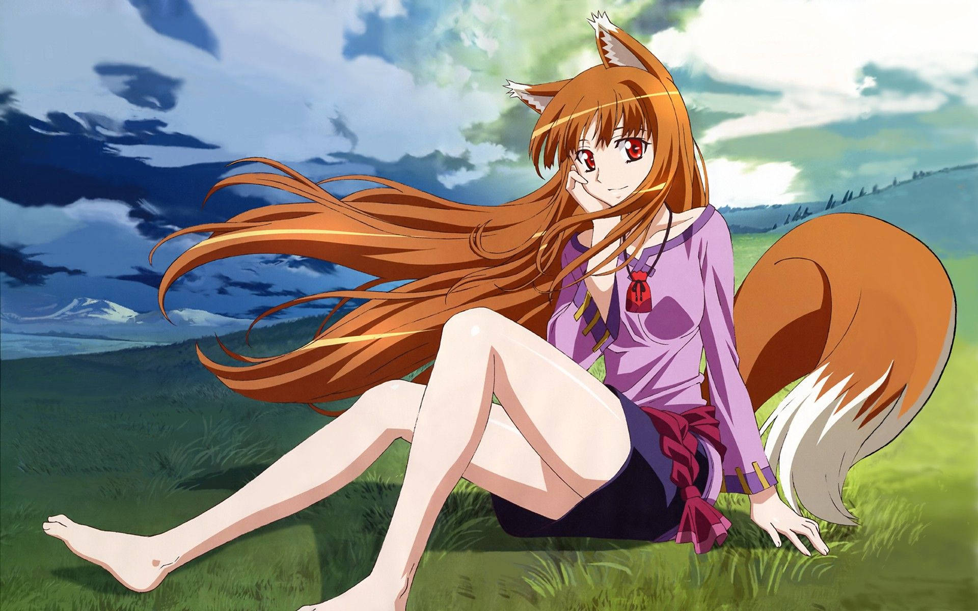 Wolf Girl 桌布 壁紙 — 一個擁有狐狸耳朵、長長橙色頭髮的動漫女孩，赤腳坐在多雲天空下的草地上。