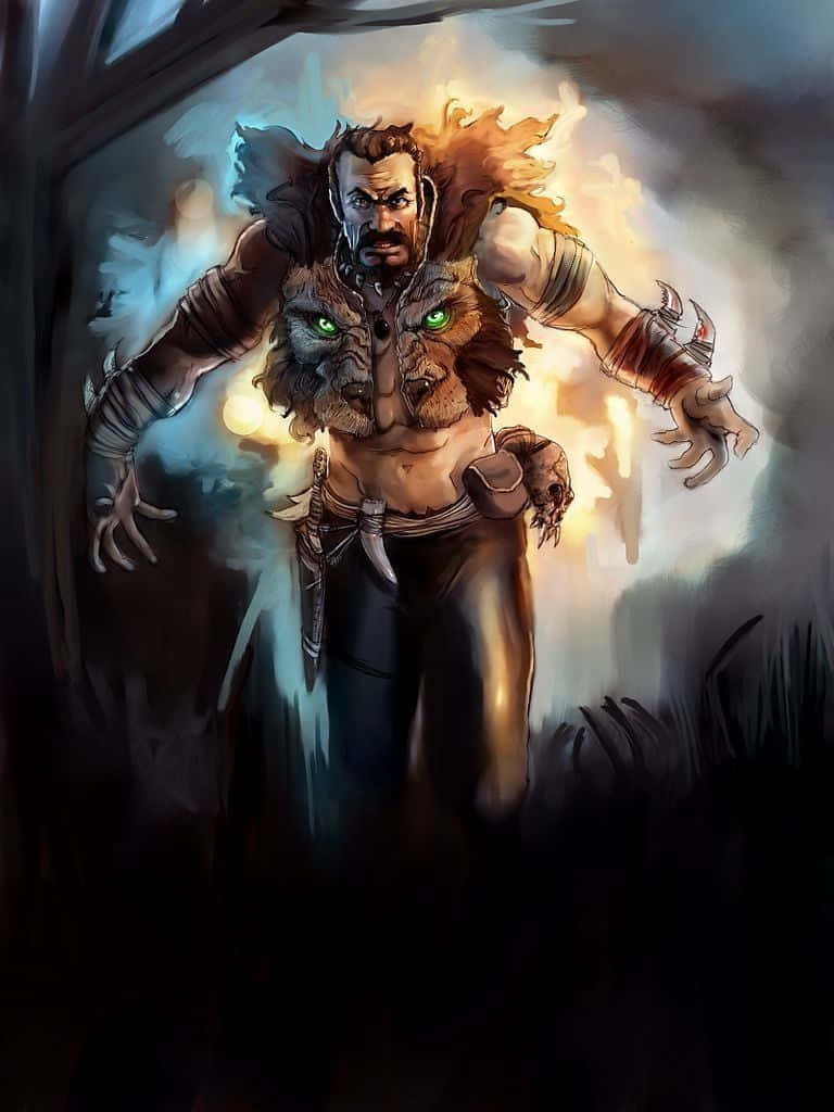 Kraven The Hunter 桌布 壁紙 — 一個擁有狼頭軀體的兇猛戰士從黑暗森林中出現，發光的綠色眼睛和火焰般的頭髮映襯著煙霧繚繞的背景。