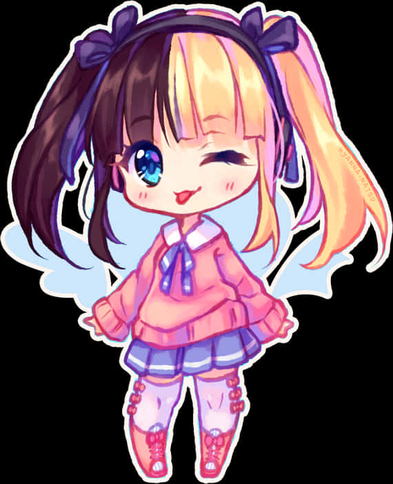 Anime Chibi 桌布 壁紙 — 一個擁有異色瞳的可愛Q版動漫女孩，穿著粉紅色服裝和紫色蝴蝶結，頑皮地眨眼。