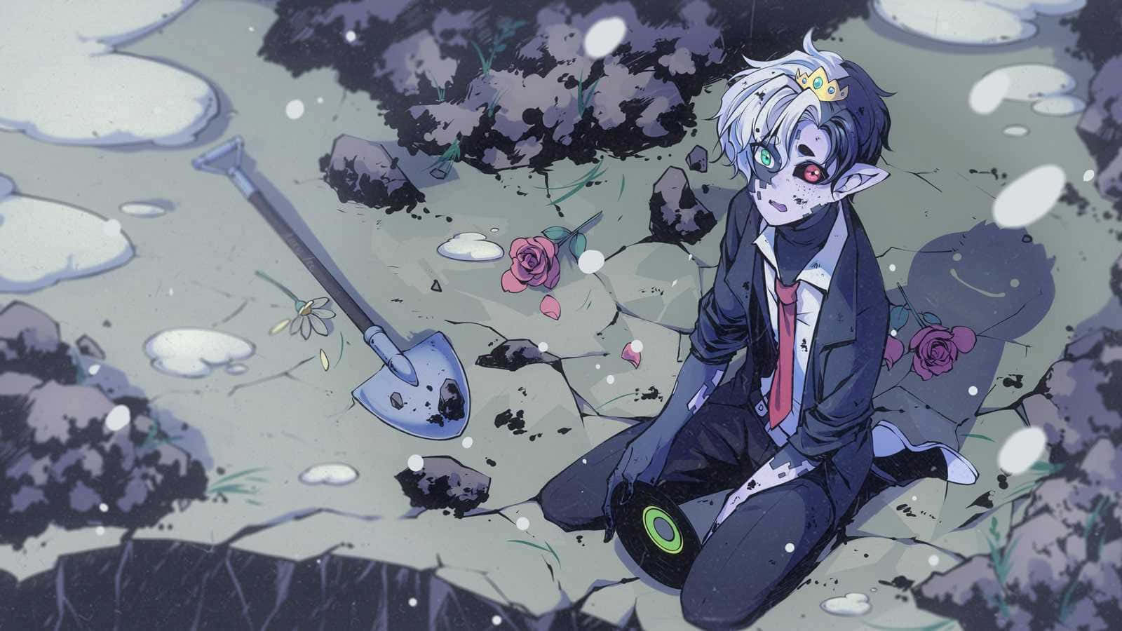 Ranboo 桌布 壁紙 — 一個擁有異色瞳的憂鬱動漫男孩跪在雪地墓園中，身旁有一把鏟子和散落的玫瑰。
