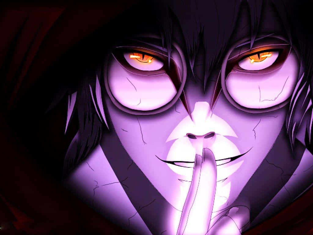 Kabuto Yakushi 桌布 壁紙 — 一個擁有發光橙色眼睛和紫色皮膚的動漫角色特寫，將手指放在嘴唇上做出安靜的手勢。